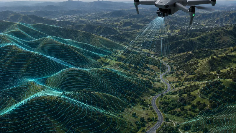 A drone above a valley overlaid with a survey wireframe