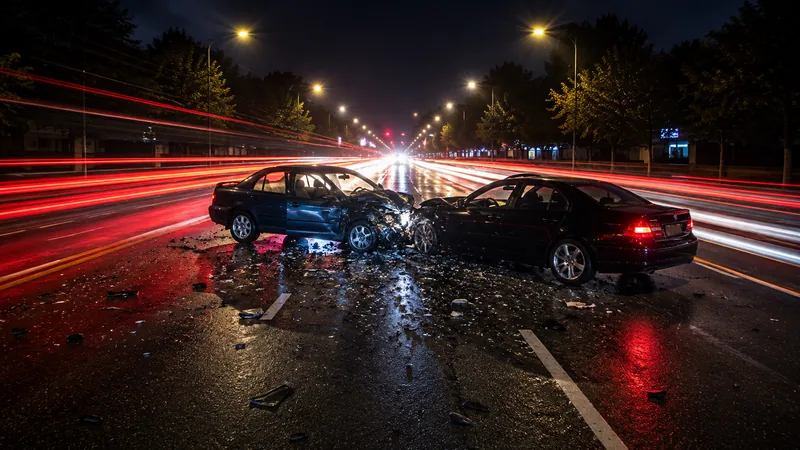 Two damaged vehicles at rest on a road at night
