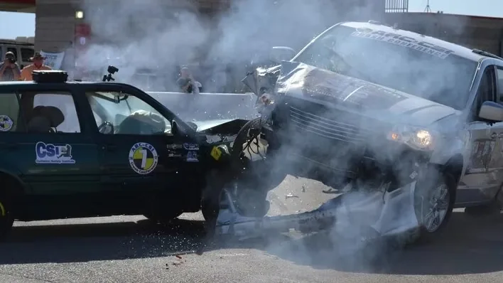 A test vehicle immediately after a barrier impact