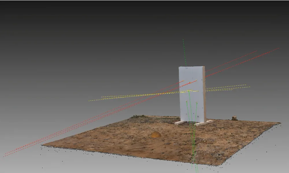 Plan, elevation, and perspective views of trajectory lines through a panel