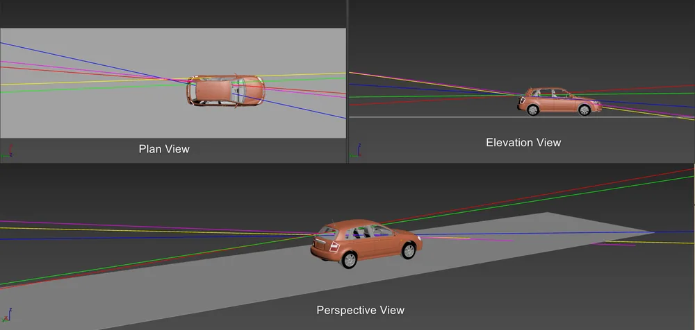 Plan, elevation, and perspective views of trajectory lines through a vehicle