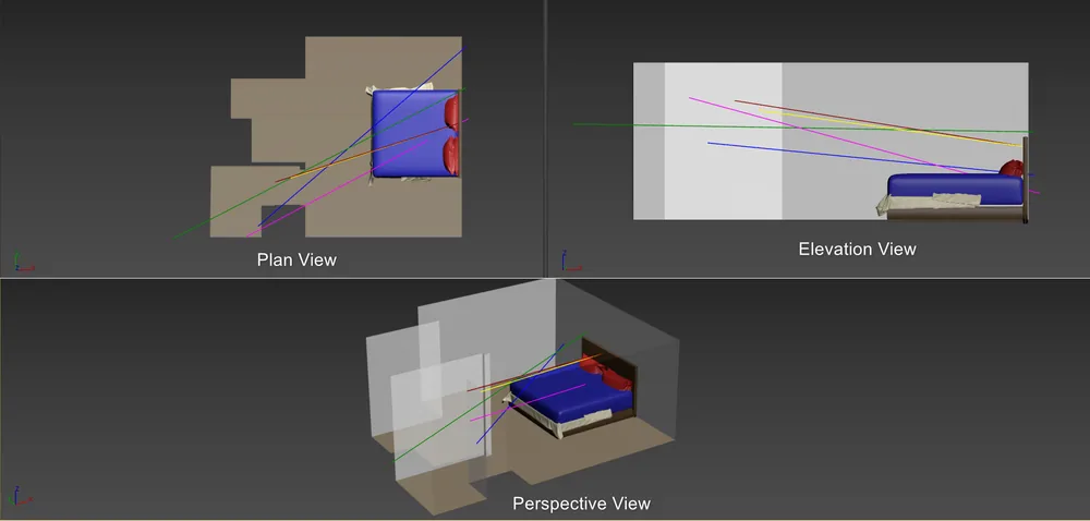 Plan, elevation, and perspective views of trajectory lines through a room