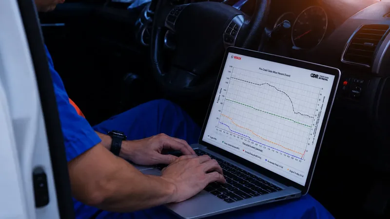 A laptop showing a recorded data trace inside a vehicle