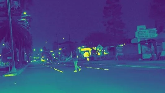A false-color luminance map of a roadway at night