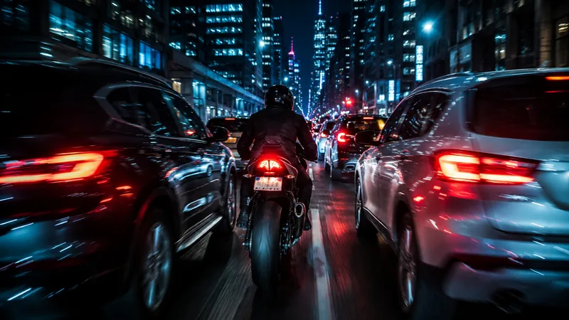 Motorcycles riding among cars in night traffic