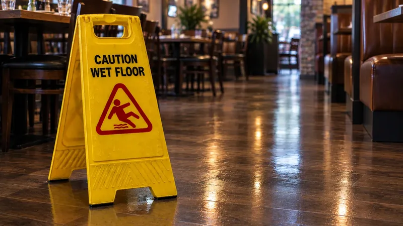 A wet floor caution sign on a polished floor