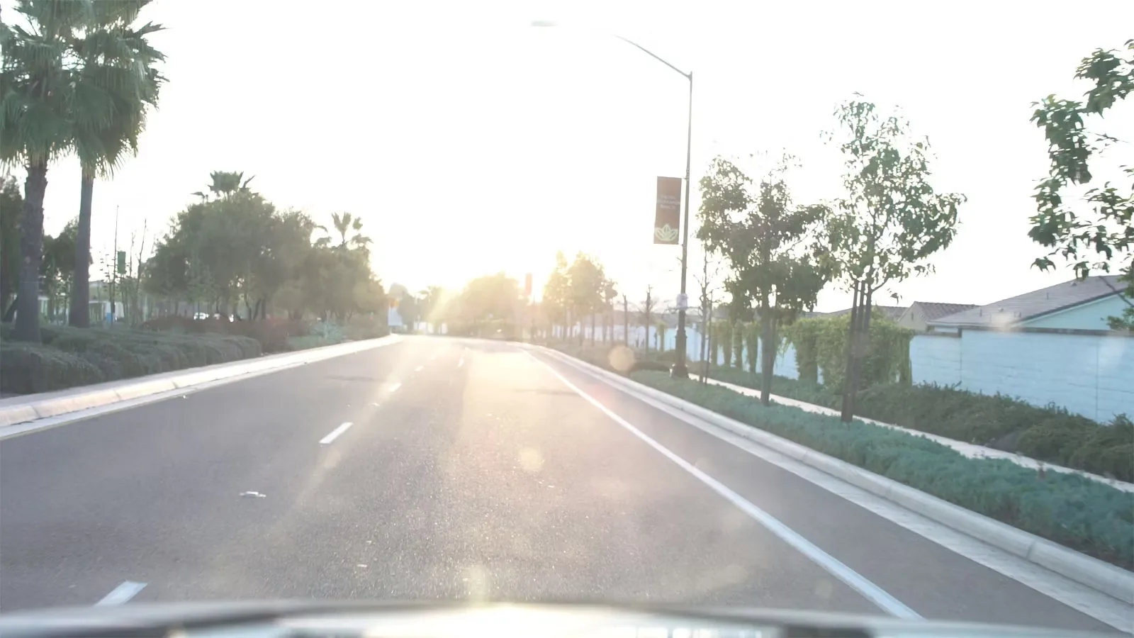 A road ahead seen through a windshield toward a low sun